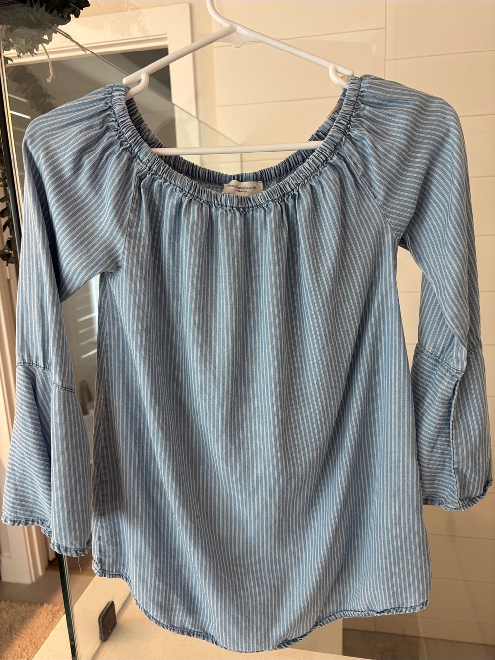 Striped Light Blue Off-Shoulder Peasant Blouse